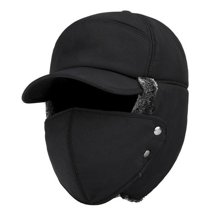 Vindtät unisex vintermössa med svarta öronlappar och avtagbart ansiktsskydd, perfekt för kallt väder.