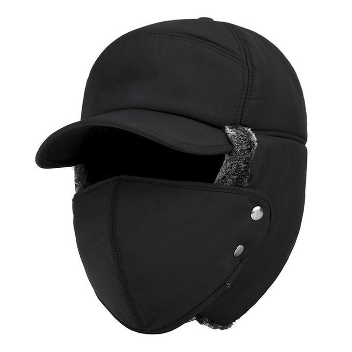 Vindtät unisex vintermössa med svarta öronlappar och avtagbart ansiktsskydd, perfekt för kallt väder.