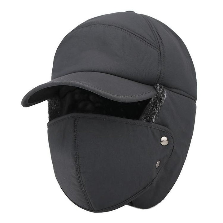 Vindtät unisex vintermössa med svarta öronlappar och avtagbart ansiktsskydd, perfekt för kallt väder.