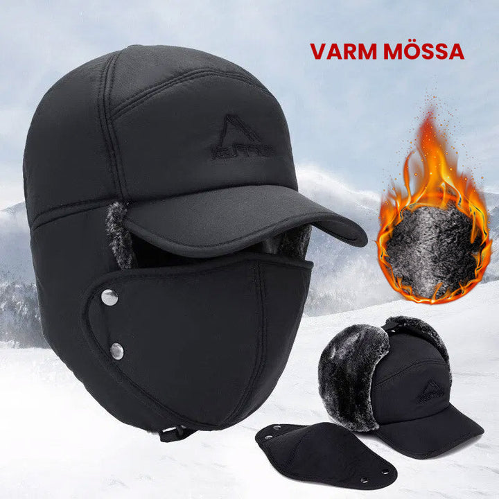 Vindtät unisex vintermössa med svarta öronlappar och avtagbart ansiktsskydd, perfekt för kallt väder.