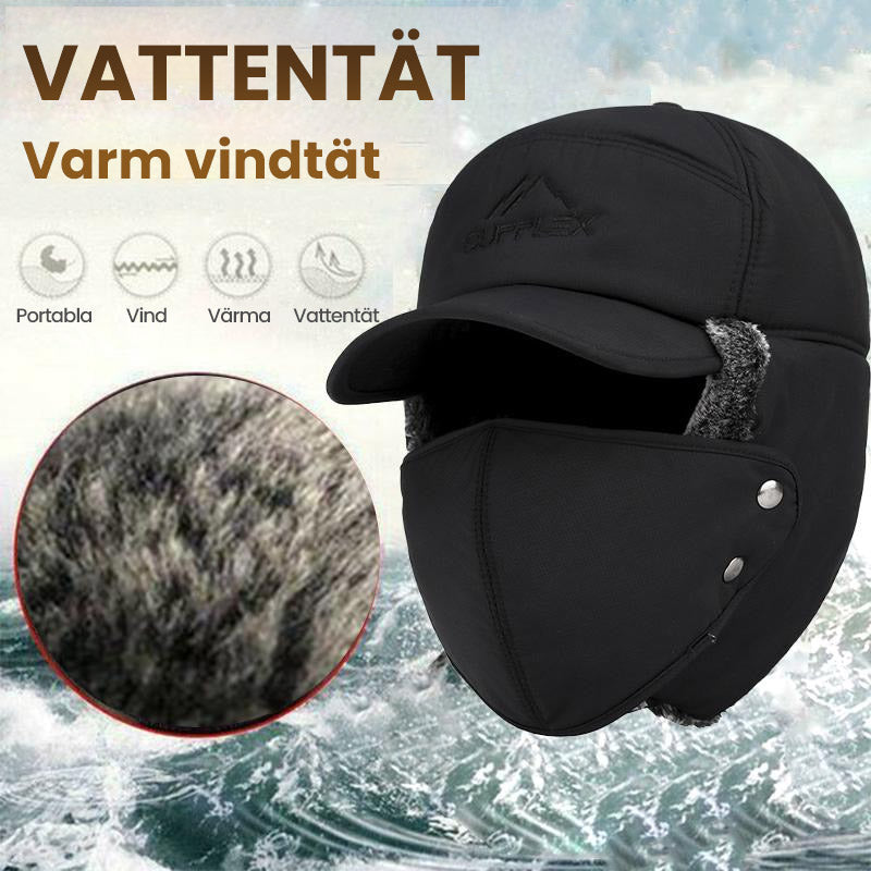 Vindtät unisex vintermössa med svarta öronlappar och avtagbart ansiktsskydd, perfekt för kallt väder.