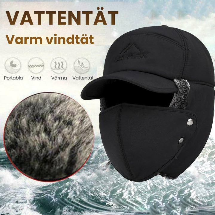 Vindtät unisex vintermössa med svarta öronlappar och avtagbart ansiktsskydd, perfekt för kallt väder.