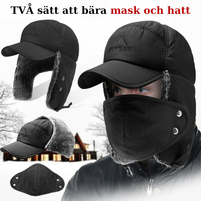 Vindtät unisex vintermössa med svarta öronlappar och avtagbart ansiktsskydd, perfekt för kallt väder.