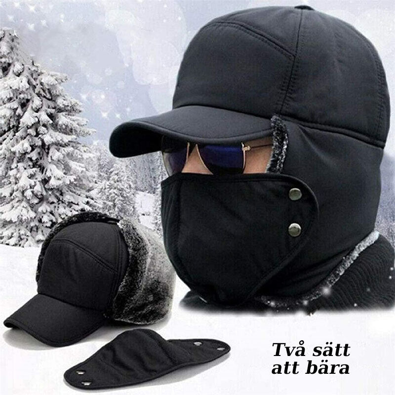 Vindtät unisex vintermössa med svarta öronlappar och avtagbart ansiktsskydd, perfekt för kallt väder.