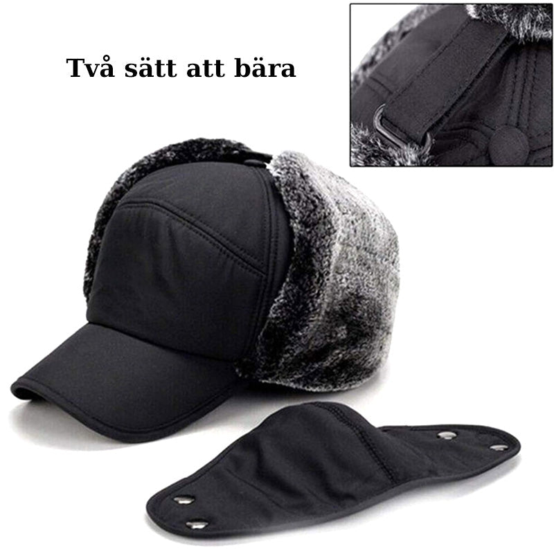 Vindtät unisex vintermössa med svarta öronlappar och avtagbart ansiktsskydd, perfekt för kallt väder.