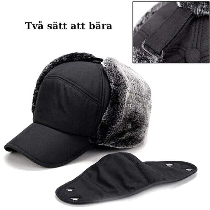 Vindtät unisex vintermössa med svarta öronlappar och avtagbart ansiktsskydd, perfekt för kallt väder.