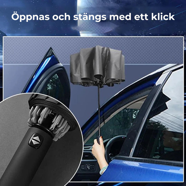 "Vindtätt LED paraply för alla väder, nattbelysning, storlek visande fullständigt skydd, i färgen obsidian svart."