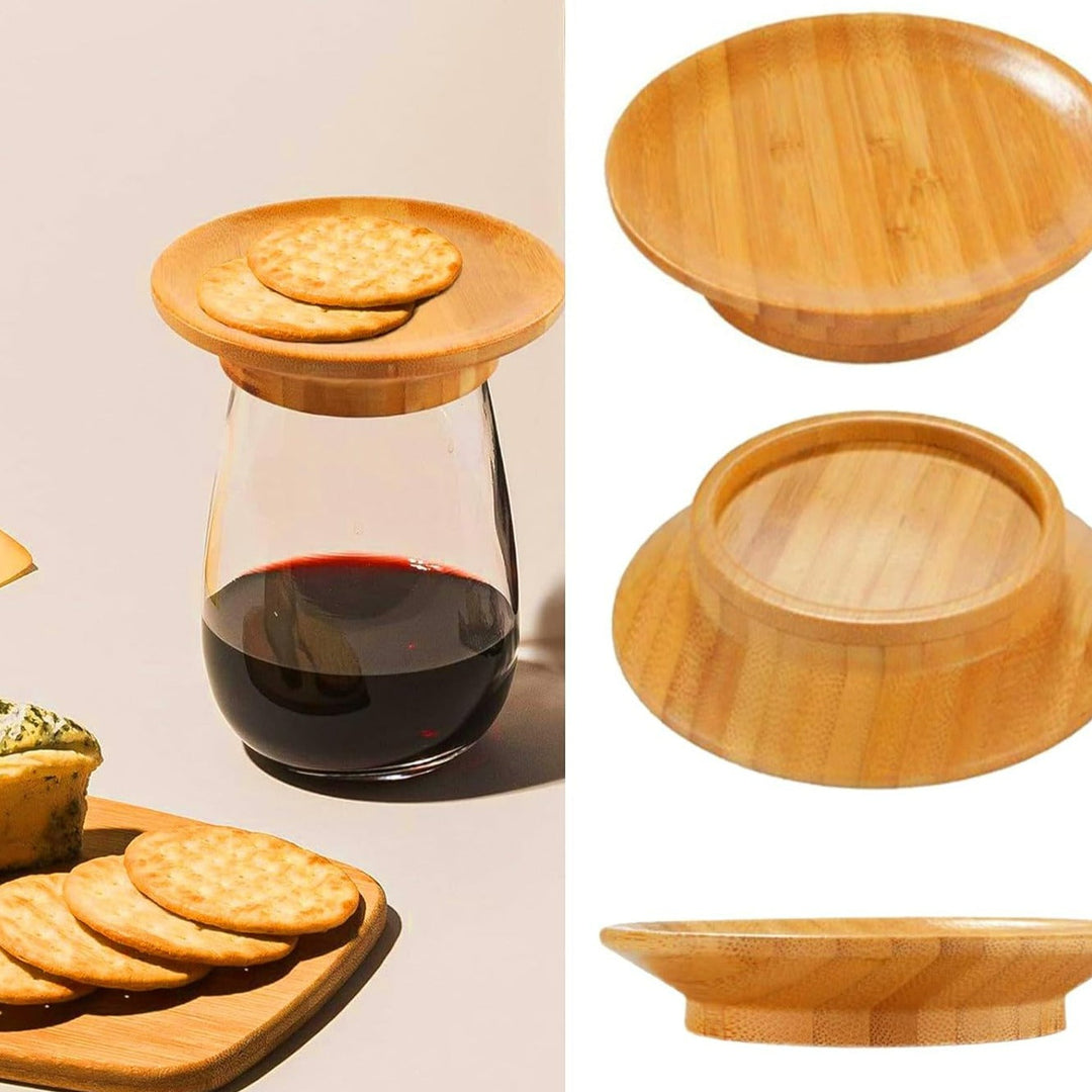 Vinglas charcuterie topping av bambu med elegant design, erbjuder yta för charkuteriskivor, förbättrar vinupplevelsen.