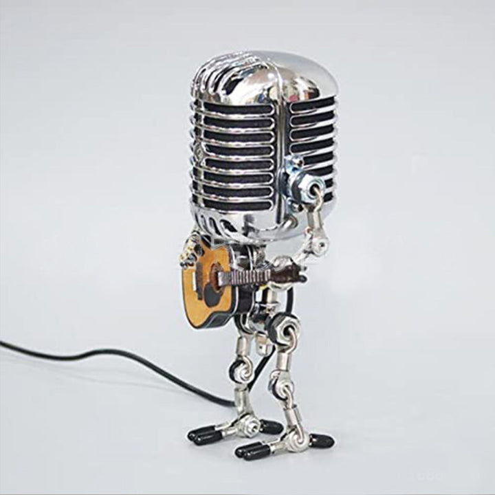"Vintage mikrofon robotlampa av metall, retrodesign med justerbara leder, perfekt för unik heminredning."