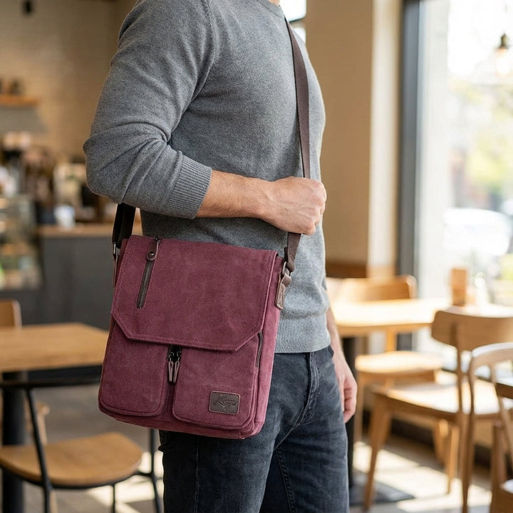 Vintage unisex axelväska från Packford i robust canvas. Stilren messengerbag, perfekt för vardagsbruk.