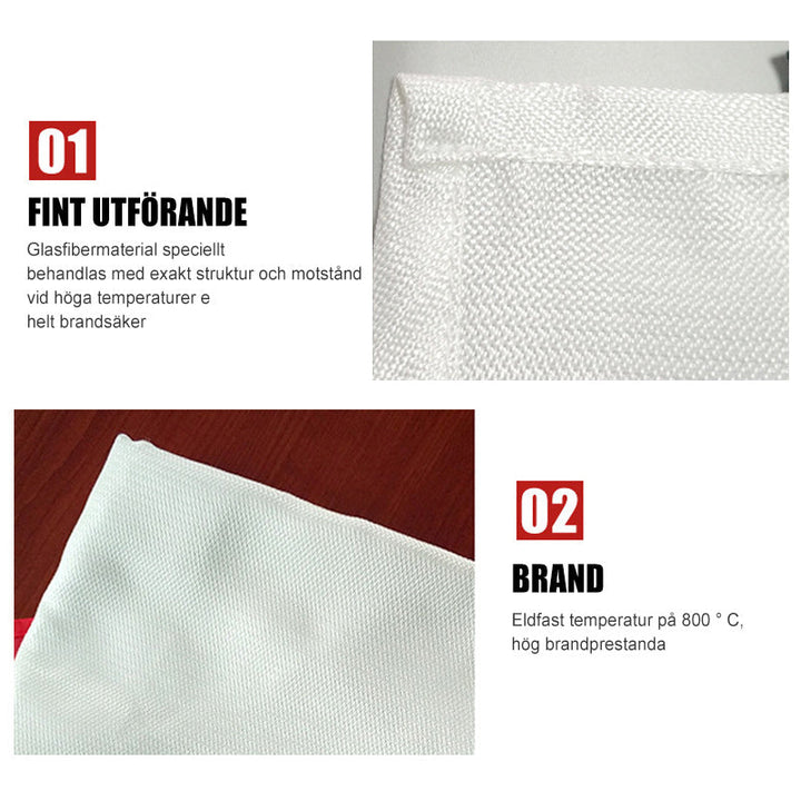 Vit brandfilt av glasfiber, 1x1 m, för värmeskydd. Robust, återanvändbar säkerhetsprodukt för hushållsbruk.