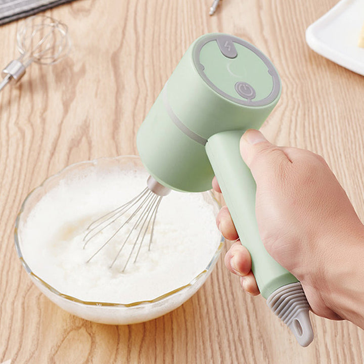 "Vit elektrisk 3 i 1 mixer med visp i köket för bakning och hackning, BPA-fri, bärbar och laddningsbar."