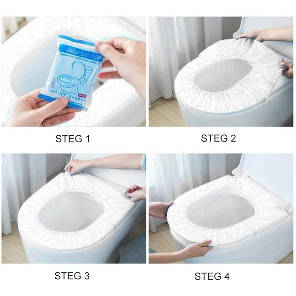 "Vit engångstoalettskydd, hygienisk och bekväm, vattentät, packat för resor och offentliga toaletter."