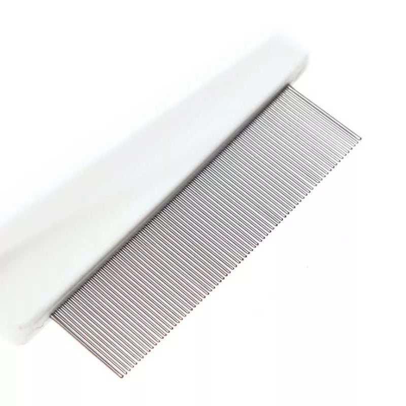 "Vit ergonomisk avtrasselgrooming kam för husdjur med rostfria rundade stift och bekvämt grepp för pälsskötsel."