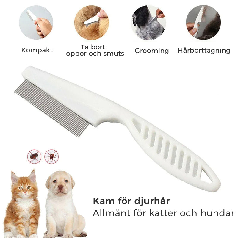 "Vit ergonomisk avtrasselgrooming kam för husdjur med rostfria rundade stift och bekvämt grepp för pälsskötsel."