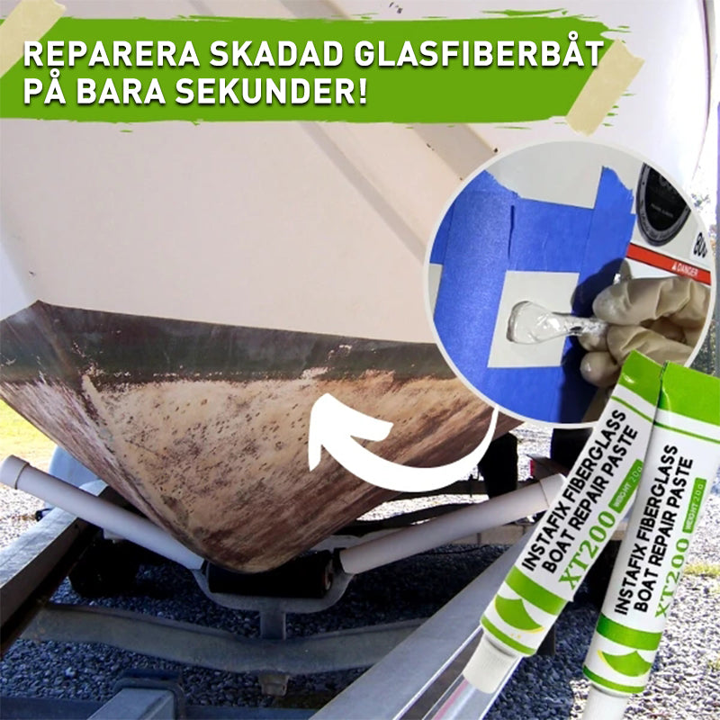 "Vit, högviskös glasfiberreparationspasta för bil- och båtskador, perfekt för gelcoatreparation och enkel applicering."