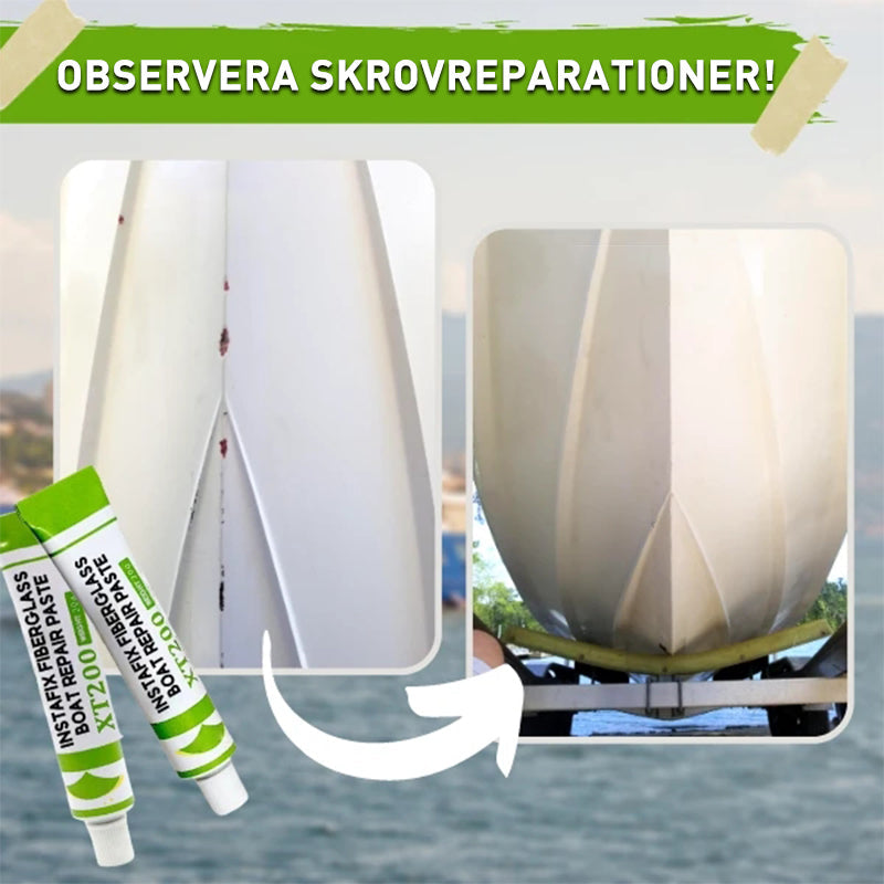 "Vit, högviskös glasfiberreparationspasta för bil- och båtskador, perfekt för gelcoatreparation och enkel applicering."