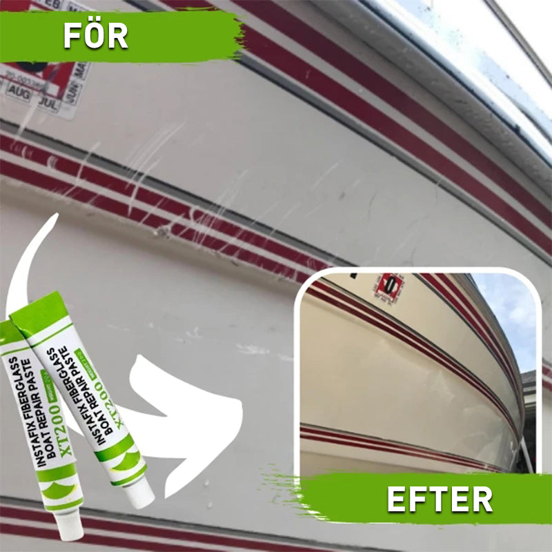 "Vit, högviskös glasfiberreparationspasta för bil- och båtskador, perfekt för gelcoatreparation och enkel applicering."