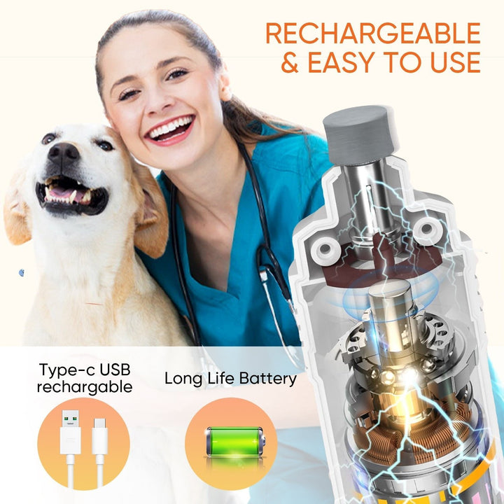 "Vit klottrimmer för husdjur med LED-ljus, 2-i-1 design, säker och smidig trimning, tyst drift, stänkskyddad uppsamlare."