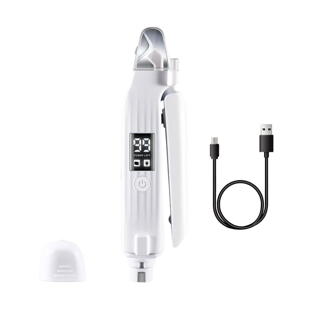 "Vit klottrimmer för husdjur med LED-ljus, 2-i-1 design, säker och smidig trimning, tyst drift, stänkskyddad uppsamlare."