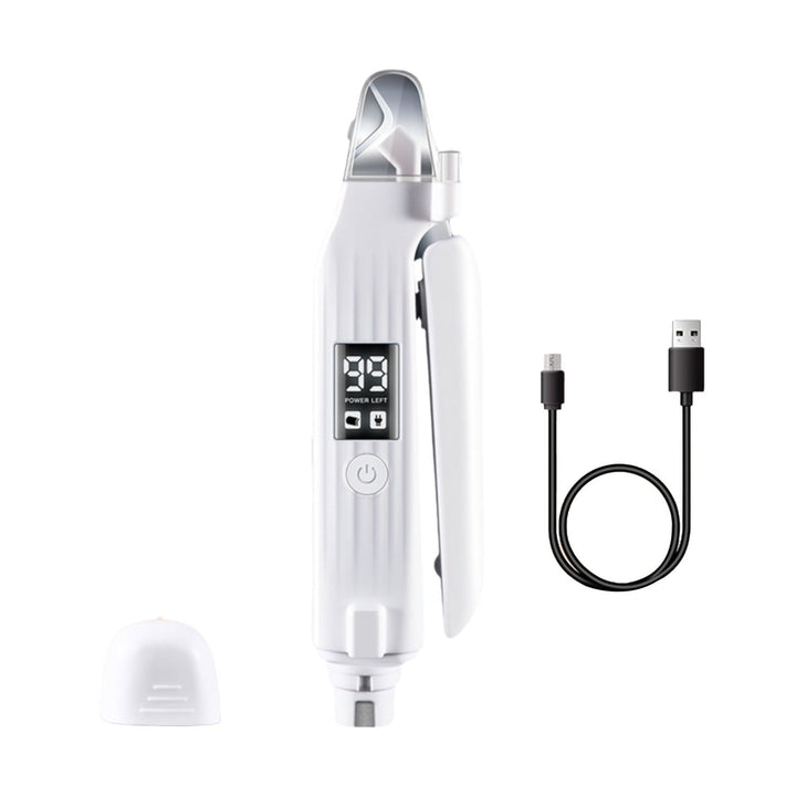 "Vit klottrimmer för husdjur med LED-ljus, 2-i-1 design, säker och smidig trimning, tyst drift, stänkskyddad uppsamlare."