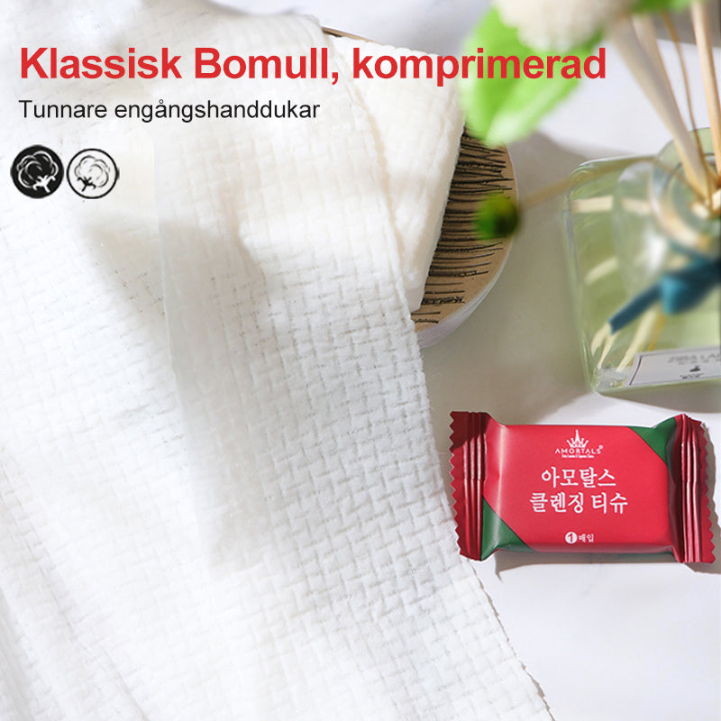 "Vit kompakt engångshandduk för resor, praktisk och platssparande, perfekt för hygien i farten."