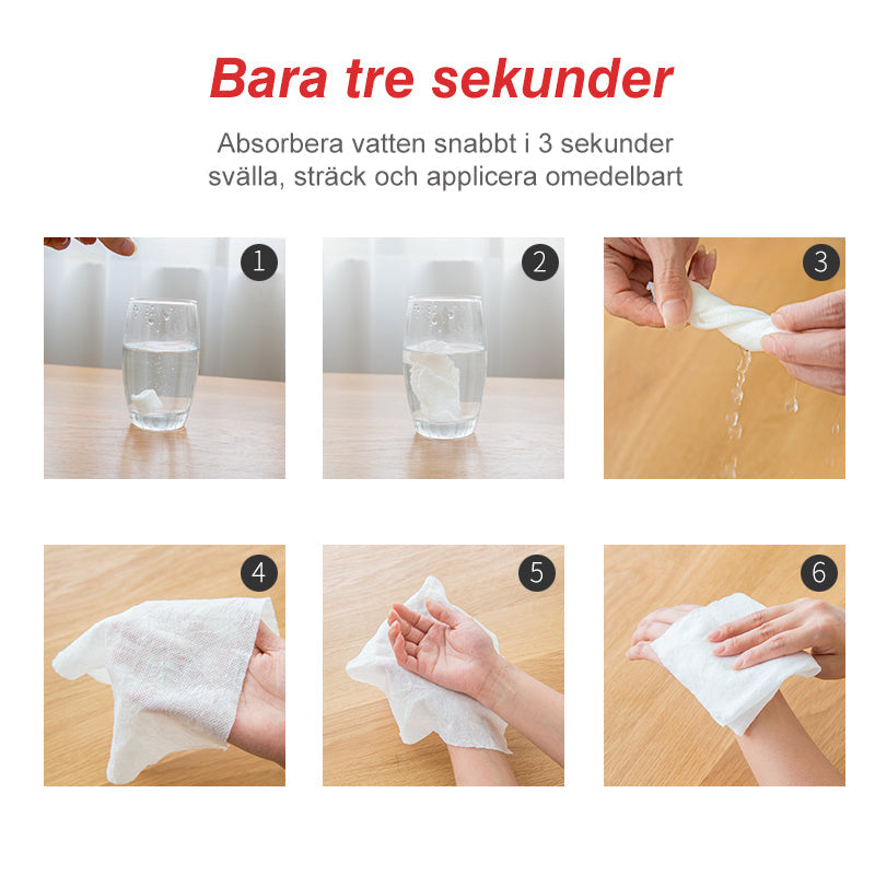 "Vit kompakt engångshandduk för resor, praktisk och platssparande, perfekt för hygien i farten."