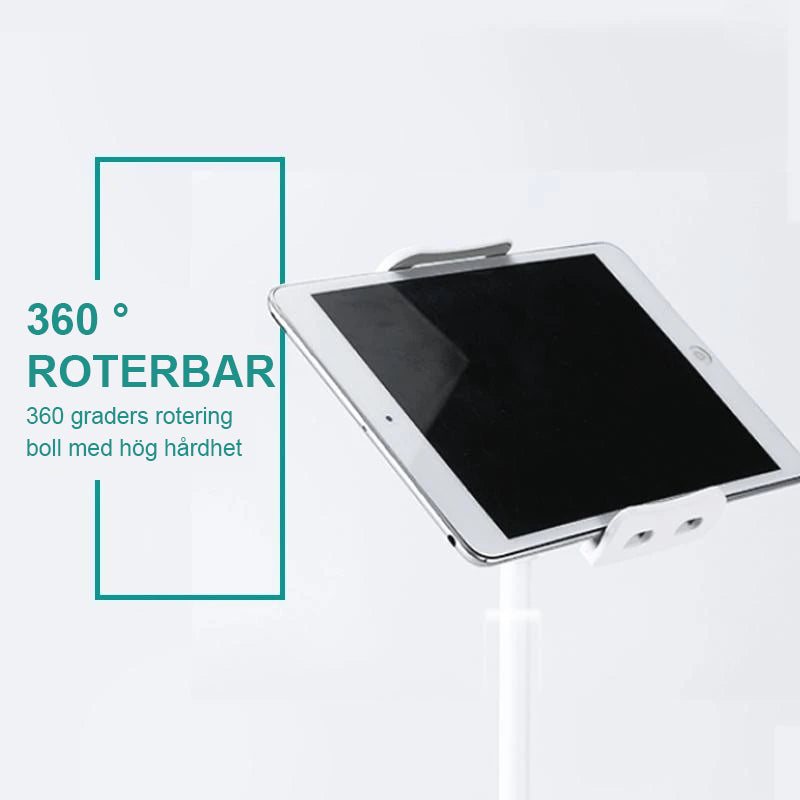 "Vit mobilhållare med lång flexibel arm för säng och bord, perfekt för film och musik, bred kompatibilitet med smartphones."