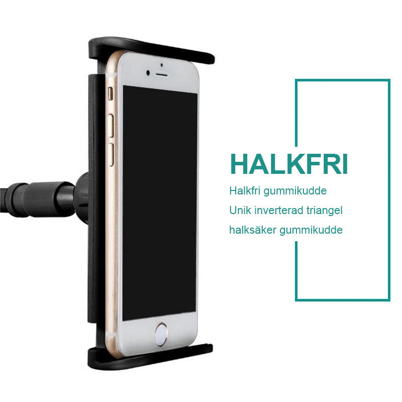 "Vit mobilhållare med lång flexibel arm för säng och bord, perfekt för film och musik, bred kompatibilitet med smartphones."