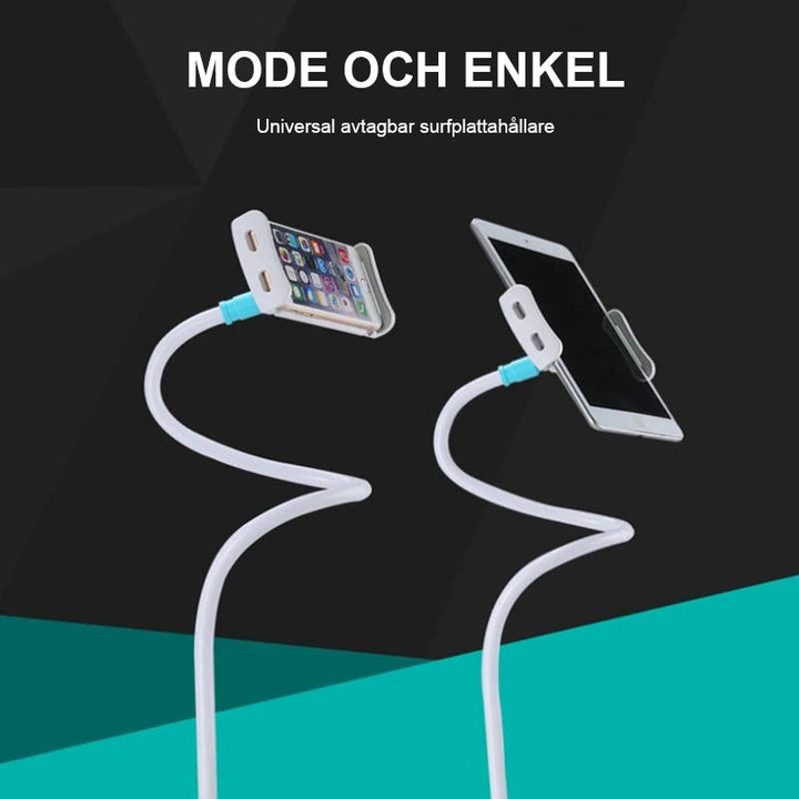 "Vit mobilhållare med lång flexibel arm för säng och bord, perfekt för film och musik, bred kompatibilitet med smartphones."