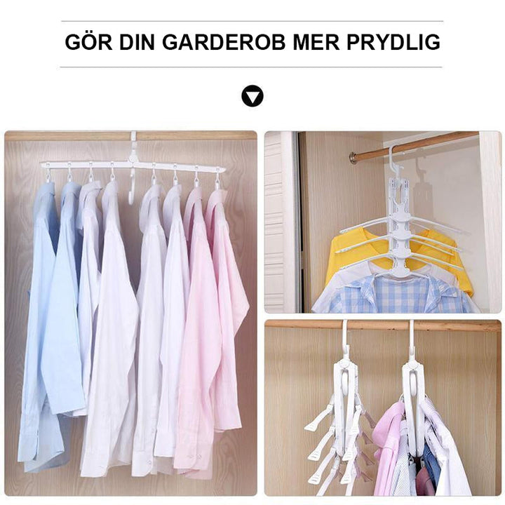 "Vit multifunktionell hopfällbar klädhängare i PP-plast, kompakt med vridbar krok, perfekt för små garderober."