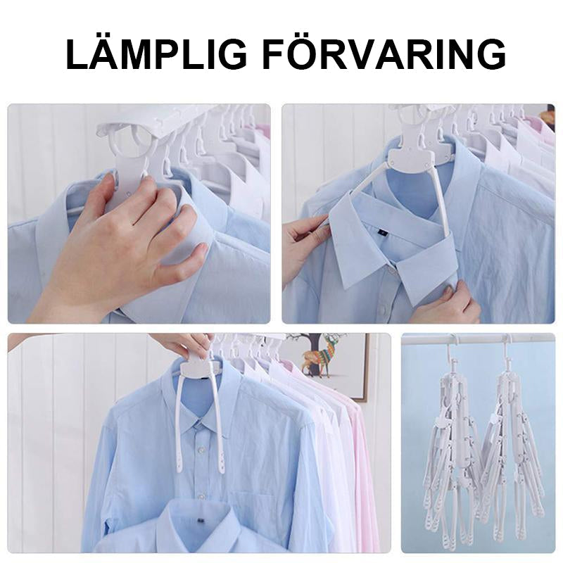 "Vit multifunktionell hopfällbar klädhängare i PP-plast, kompakt med vridbar krok, perfekt för små garderober."