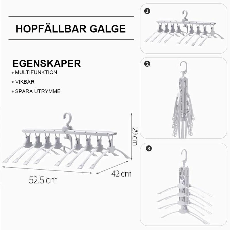 "Vit multifunktionell hopfällbar klädhängare i PP-plast, kompakt med vridbar krok, perfekt för små garderober."
