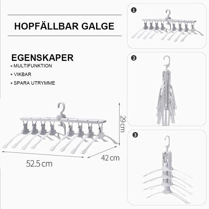 "Vit multifunktionell hopfällbar klädhängare i PP-plast, kompakt med vridbar krok, perfekt för små garderober."