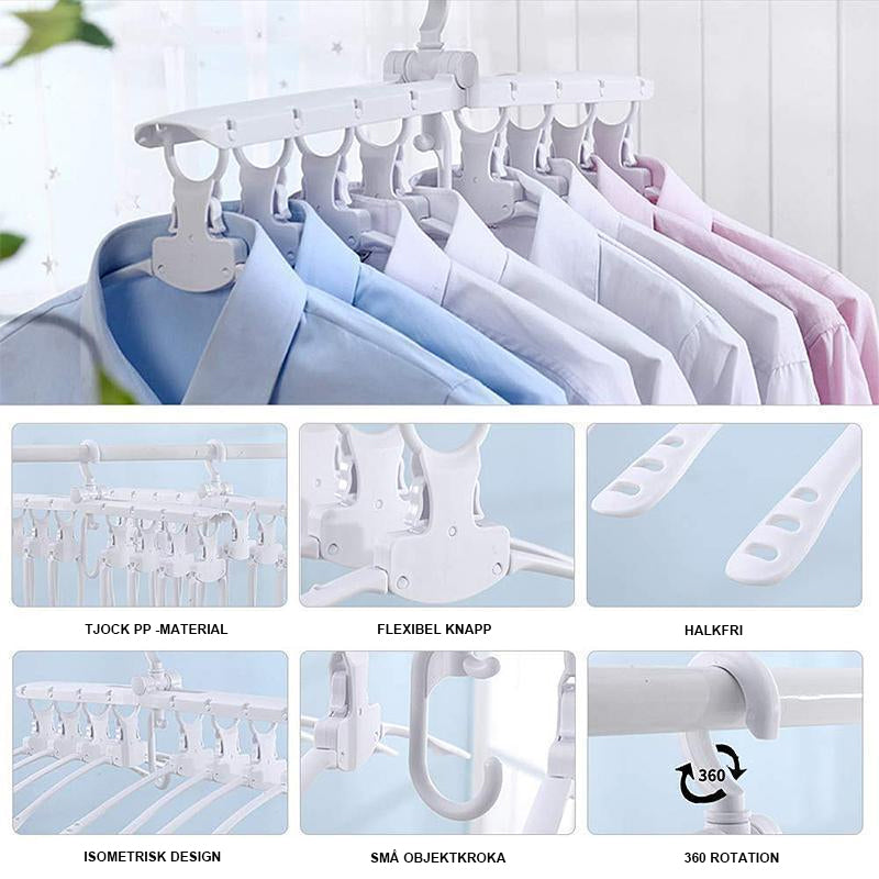 "Vit multifunktionell hopfällbar klädhängare i PP-plast, kompakt med vridbar krok, perfekt för små garderober."