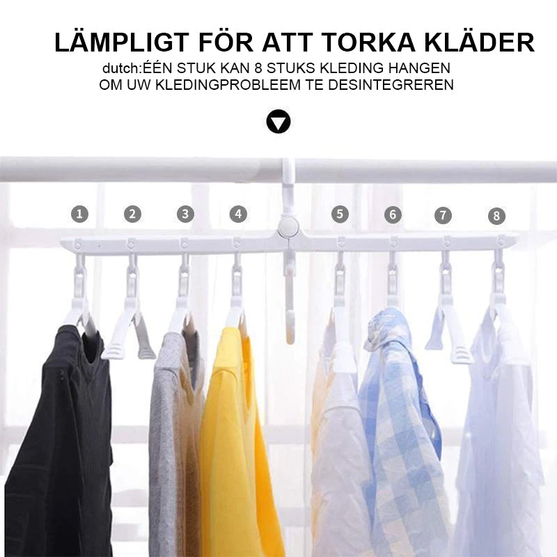 "Vit multifunktionell hopfällbar klädhängare i PP-plast, kompakt med vridbar krok, perfekt för små garderober."