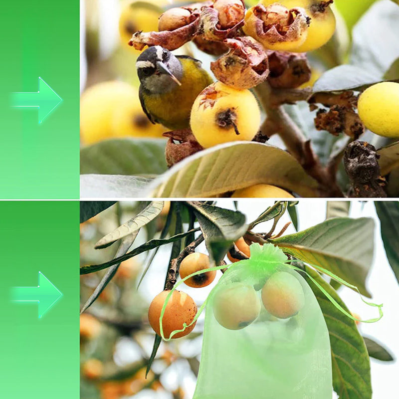 "Vit organza fruktpåse med dragsnöre för trädgårdsskydd mot fåglar och insekter, i olika storlekar."