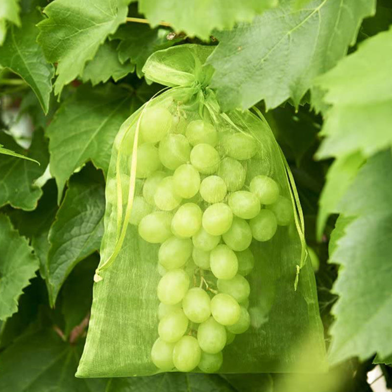 "Vit organza fruktpåse med dragsnöre för trädgårdsskydd mot fåglar och insekter, i olika storlekar."