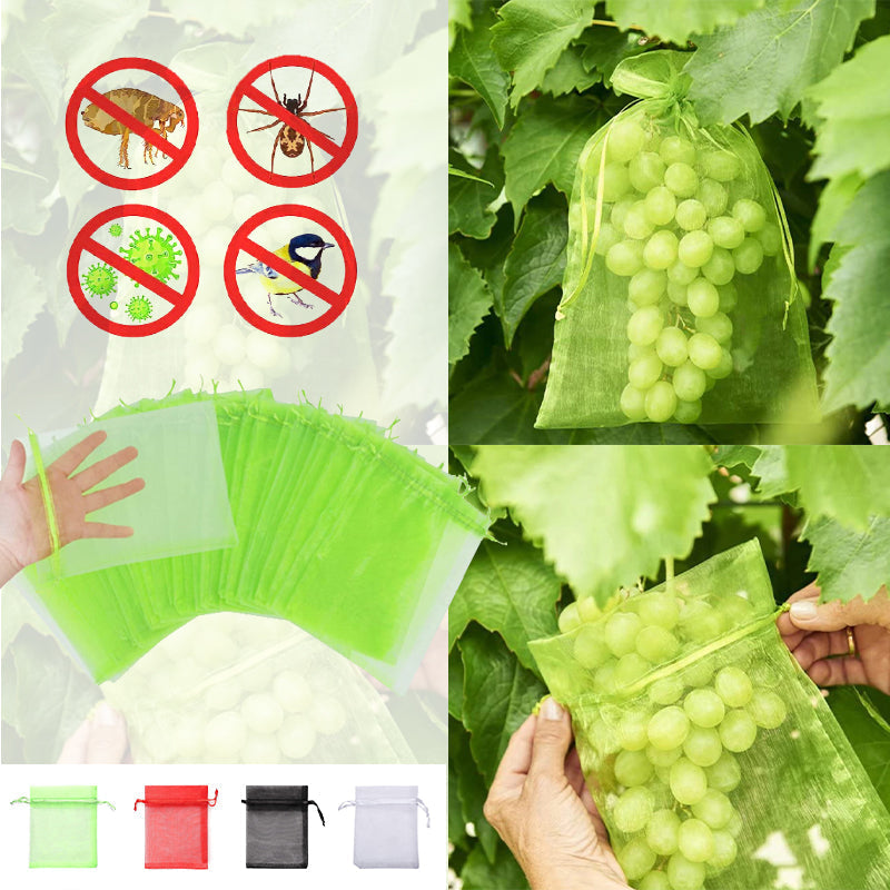 "Vit organza fruktpåse med dragsnöre för trädgårdsskydd mot fåglar och insekter, i olika storlekar."