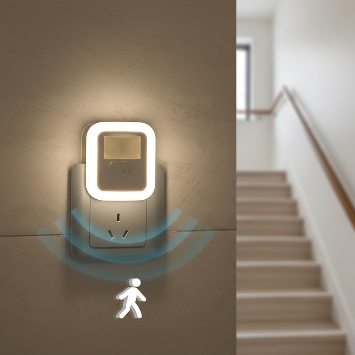 Vit smart rörelsesensor för automatisk LED-belysning; idealisk för energibesparing och hemautomation inomhus.