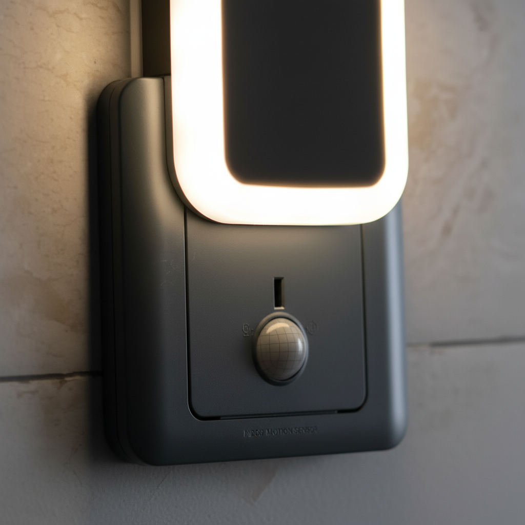 Kompakt rörelsesensor för enkel installation, automatiserar inomhusbelysning och sparar energi i smarta hem.
