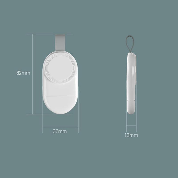 "Vit trådlös laddare för Apple-klocka, magnetisk och bärbar med kompakt design, perfekt för resor och snabb laddning."