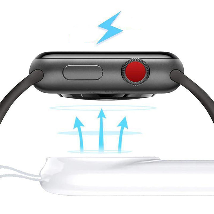 "Vit trådlös laddare för Apple-klocka, magnetisk och bärbar med kompakt design, perfekt för resor och snabb laddning."