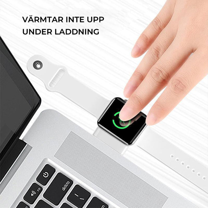"Vit trådlös laddare för Apple-klocka, magnetisk och bärbar med kompakt design, perfekt för resor och snabb laddning."