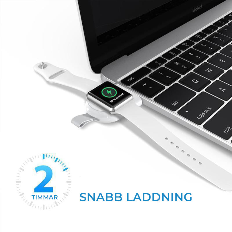 "Vit trådlös laddare för Apple-klocka, magnetisk och bärbar med kompakt design, perfekt för resor och snabb laddning."