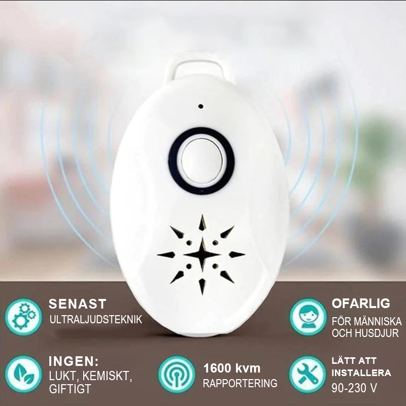 "Vit ultraljudsskyddsenhet för hundars och katters lopp- och fästingskydd, enkel att fästa på halsband, kemikaliefri."