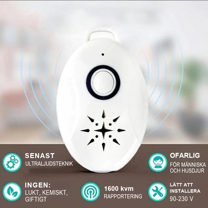 "Vit ultraljudsskyddsenhet för hundars och katters lopp- och fästingskydd, enkel att fästa på halsband, kemikaliefri."