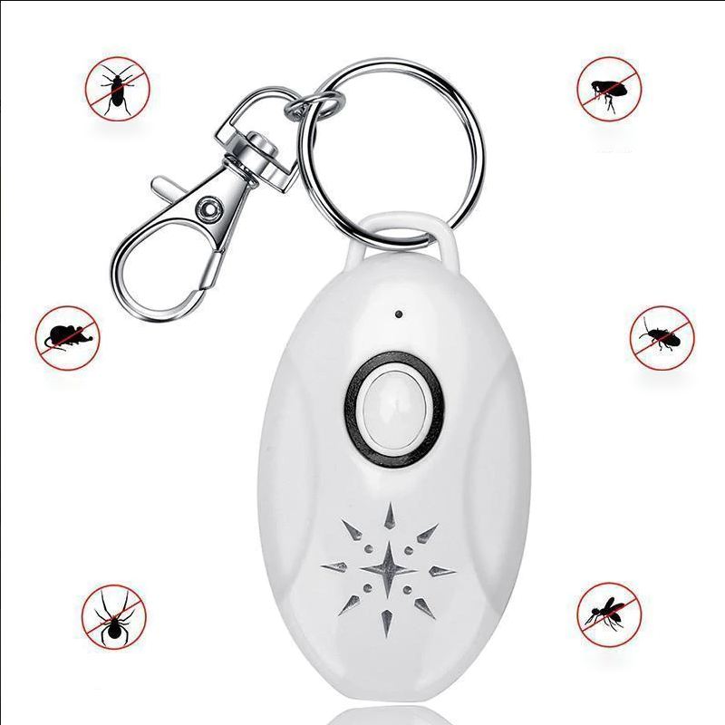 "Vit ultraljudsskyddsenhet för hundars och katters lopp- och fästingskydd, enkel att fästa på halsband, kemikaliefri."