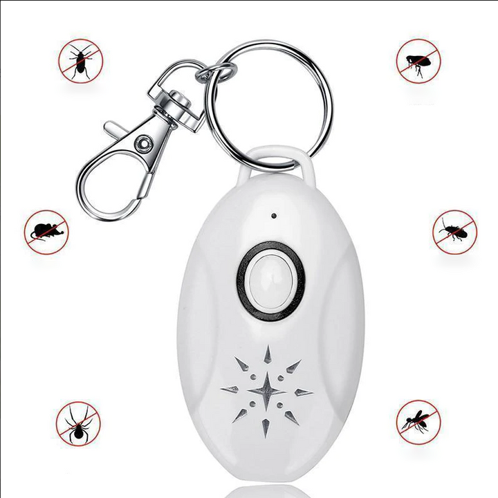 "Vit ultraljudsskyddsenhet för hundars och katters lopp- och fästingskydd, enkel att fästa på halsband, kemikaliefri."