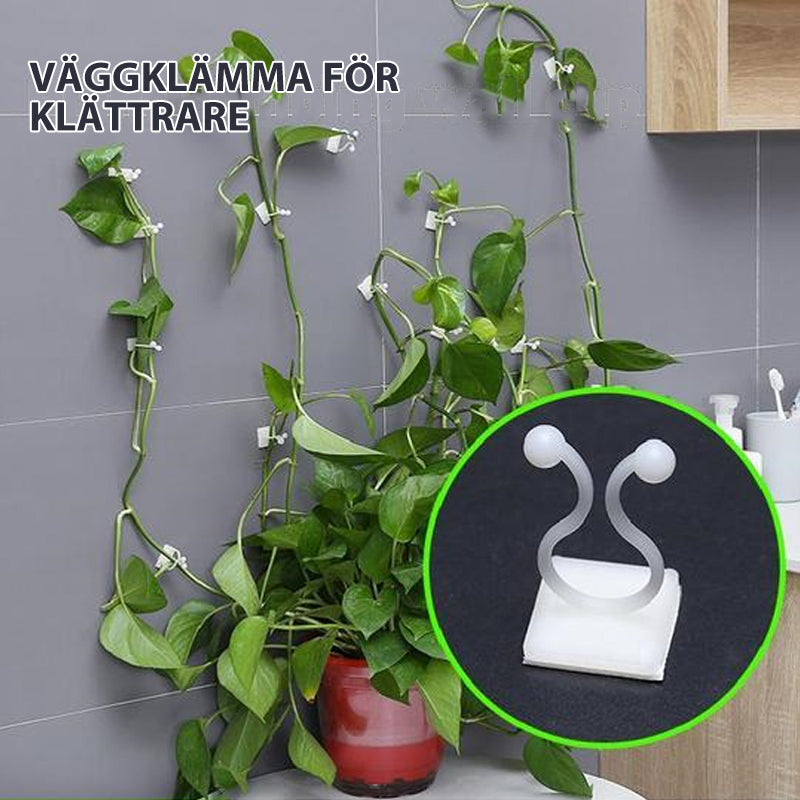 "Vit väggklämma för klätterväxter, stark och kompakt plastfäste, används för att ordna växter eller kablar på vägg."